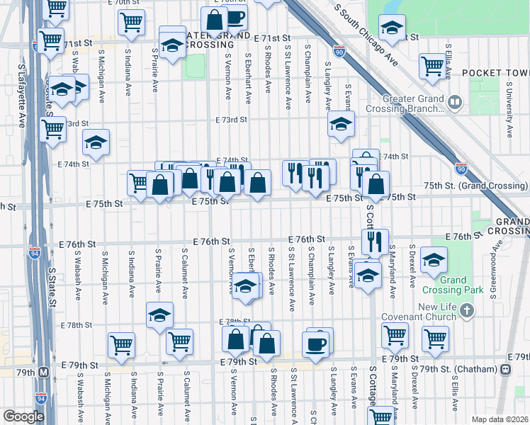 map of restaurants, bars, coffee shops, grocery stores, and more near 514 East 75th Street in Chicago