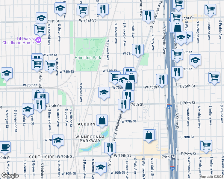 map of restaurants, bars, coffee shops, grocery stores, and more near 7450 South Stewart Avenue in Chicago