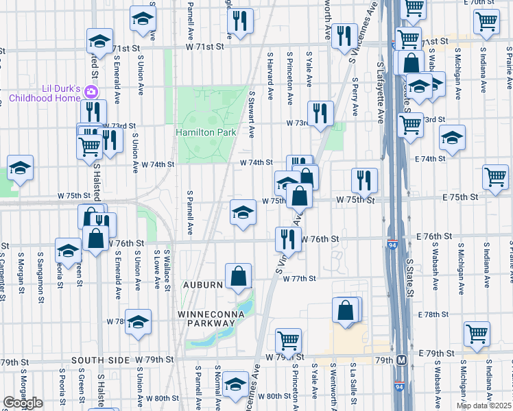 map of restaurants, bars, coffee shops, grocery stores, and more near 7450 South Stewart Avenue in Chicago
