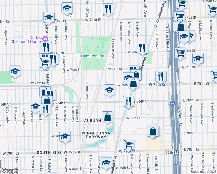 map of restaurants, bars, coffee shops, grocery stores, and more near 7446 South Eggleston Avenue in Chicago