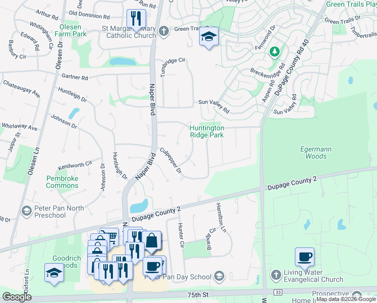 map of restaurants, bars, coffee shops, grocery stores, and more near 1077 Collingwood Drive in Naperville