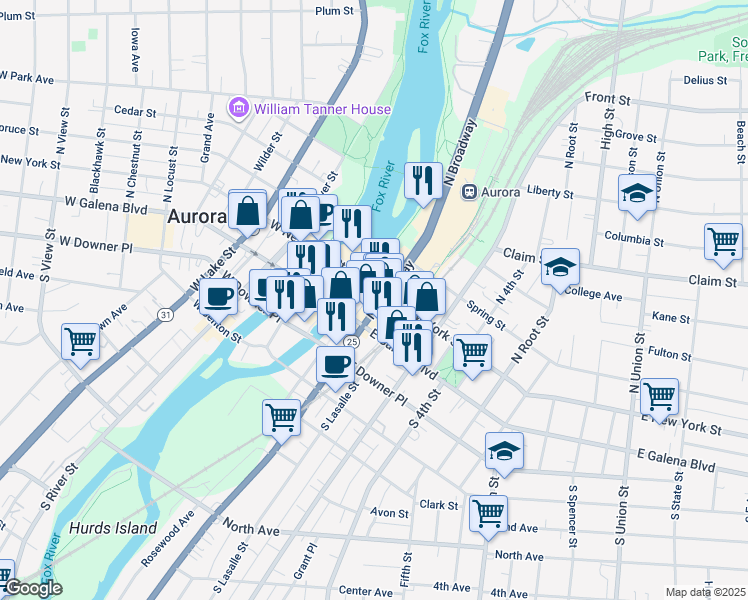 map of restaurants, bars, coffee shops, grocery stores, and more near 36 East New York Street in Aurora
