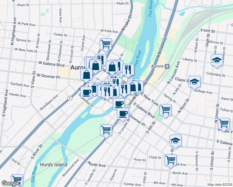 map of restaurants, bars, coffee shops, grocery stores, and more near 9 West Galena Boulevard in Aurora