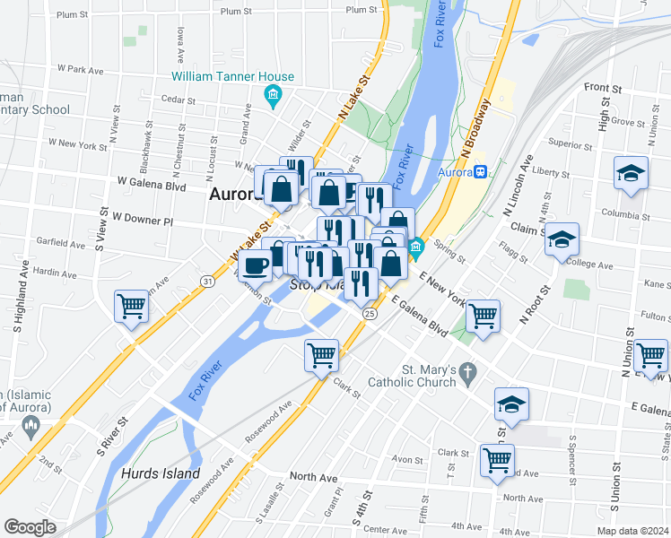 map of restaurants, bars, coffee shops, grocery stores, and more near 9 West Galena Boulevard in Aurora