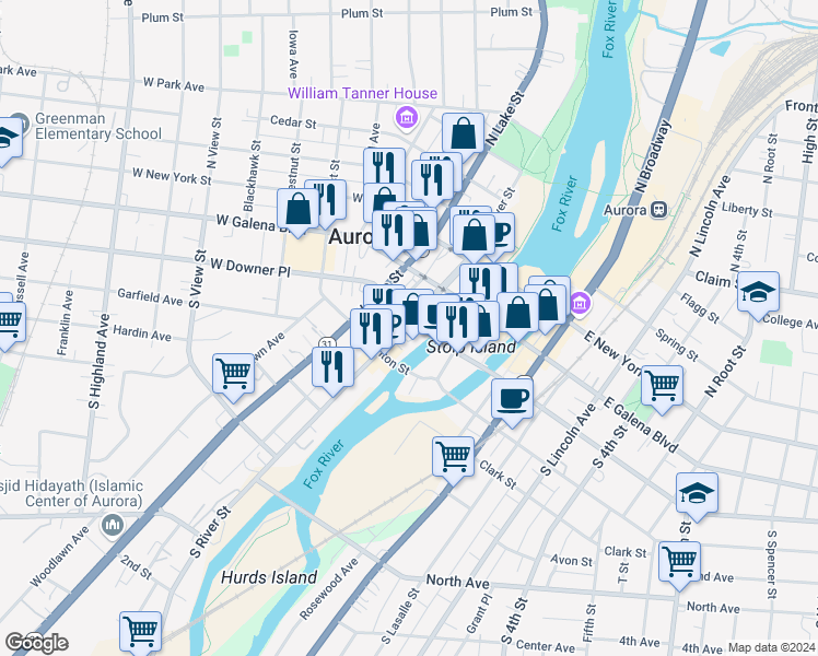 map of restaurants, bars, coffee shops, grocery stores, and more near 101-119 W Downer Pl in Aurora