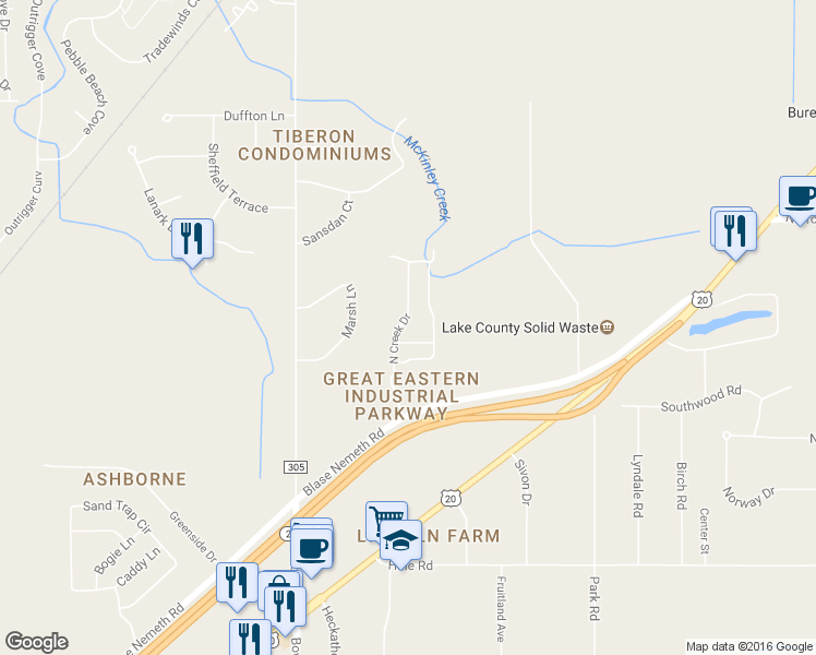 map of restaurants, bars, coffee shops, grocery stores, and more near 651 North Creek Drive in Painesville