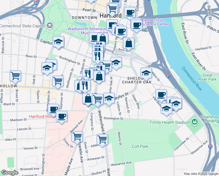 map of restaurants, bars, coffee shops, grocery stores, and more near 23 Charter Oak Place in Hartford