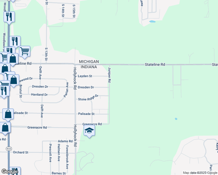 map of restaurants, bars, coffee shops, grocery stores, and more near 19001 Dresden Drive in South Bend