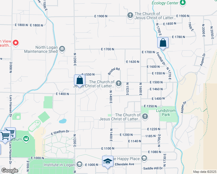 map of restaurants, bars, coffee shops, grocery stores, and more near 1479 North 1400 East in Logan