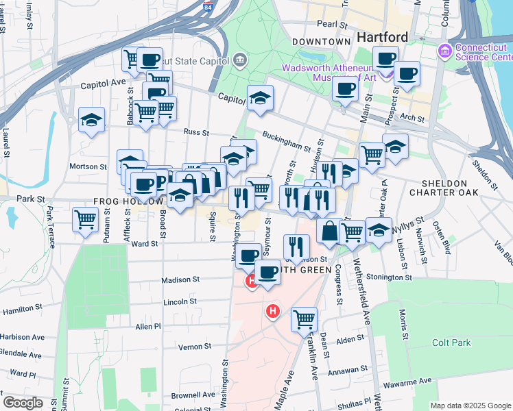 map of restaurants, bars, coffee shops, grocery stores, and more near 298 Park Street in Hartford
