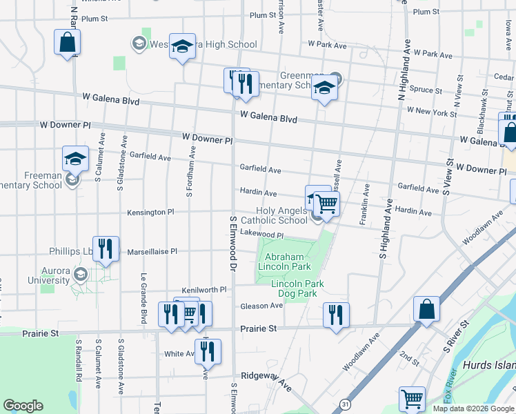 map of restaurants, bars, coffee shops, grocery stores, and more near 153 South Harrison Avenue in Aurora