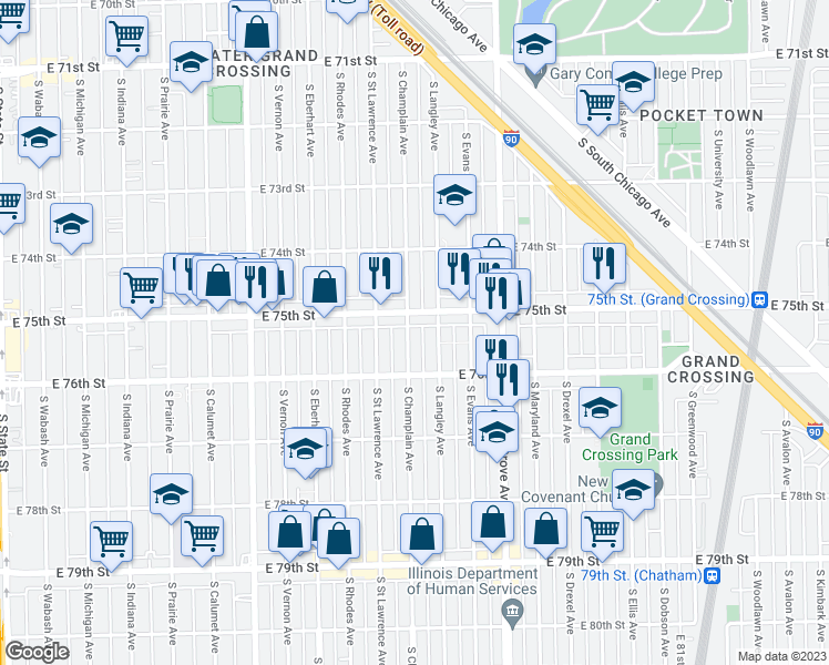 map of restaurants, bars, coffee shops, grocery stores, and more near 7515 South Champlain Avenue in Chicago