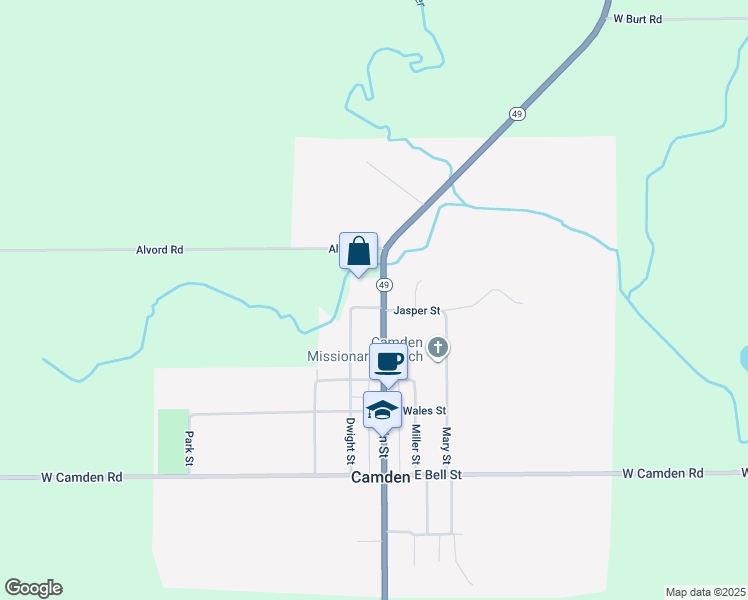 map of restaurants, bars, coffee shops, grocery stores, and more near 227 North Main Street in Camden