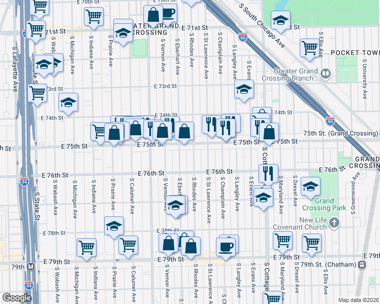 map of restaurants, bars, coffee shops, grocery stores, and more near 514 East 75th Street in Chicago