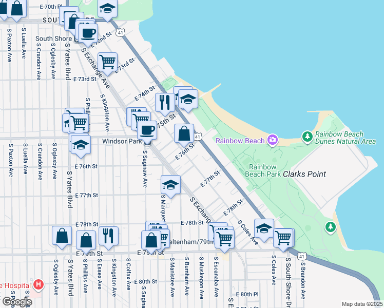 map of restaurants, bars, coffee shops, grocery stores, and more near 2812 East 76th Street in Chicago