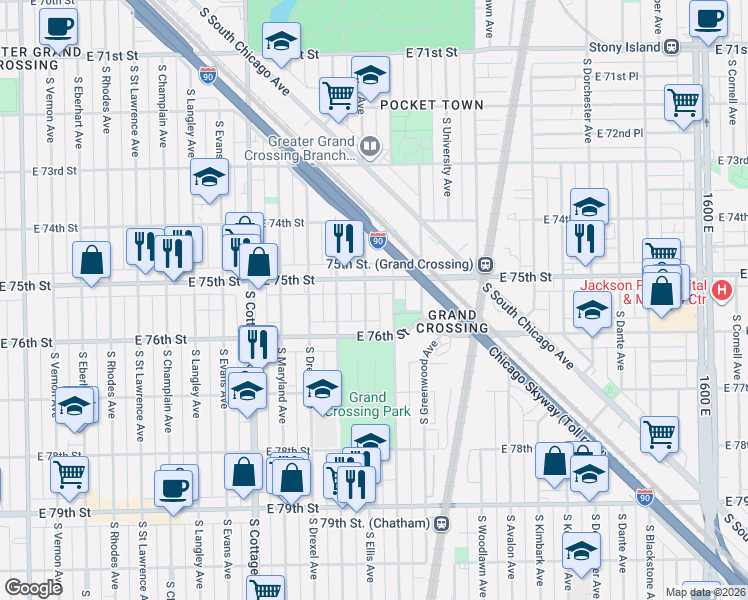 map of restaurants, bars, coffee shops, grocery stores, and more near 1025 East 75th Street in Chicago