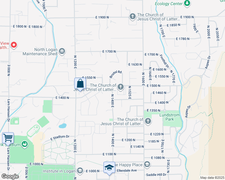 map of restaurants, bars, coffee shops, grocery stores, and more near 1480 North 1400 East in Logan