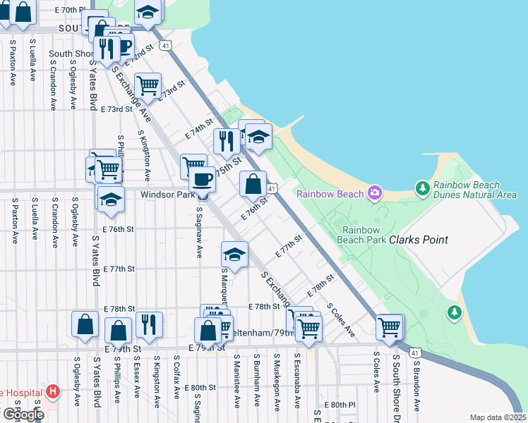 map of restaurants, bars, coffee shops, grocery stores, and more near 7609 South Coles Avenue in Chicago