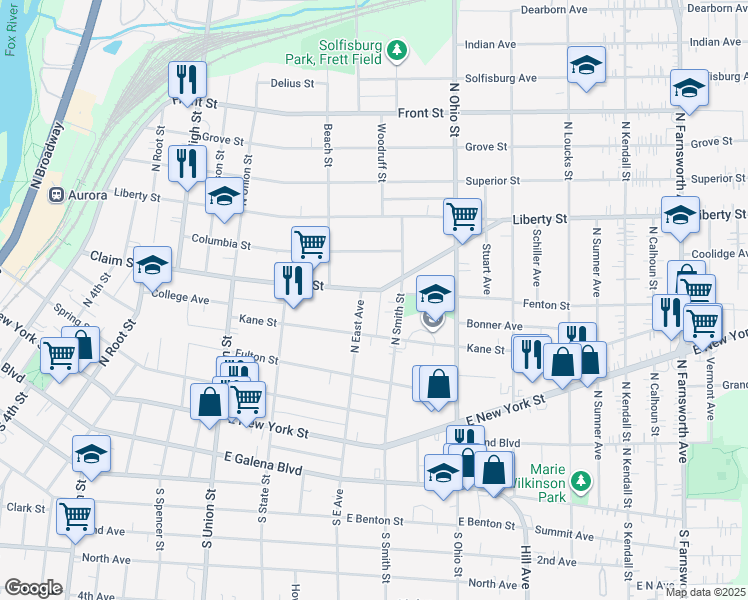 map of restaurants, bars, coffee shops, grocery stores, and more near in Aurora