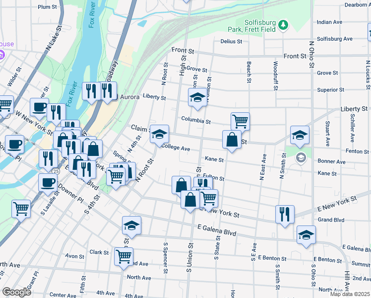 map of restaurants, bars, coffee shops, grocery stores, and more near 525 College Avenue in Aurora