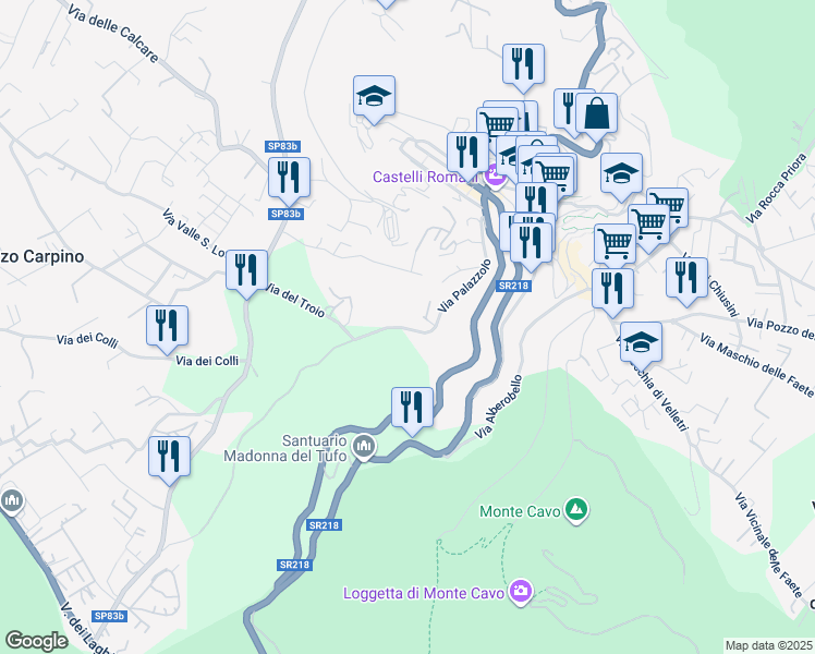 map of restaurants, bars, coffee shops, grocery stores, and more near 92 Via Roma in Rocca di Papa