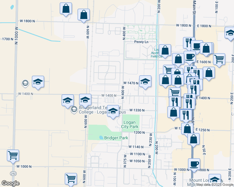 map of restaurants, bars, coffee shops, grocery stores, and more near 1433 North 400 West in Logan