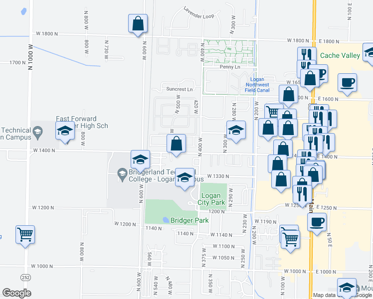 map of restaurants, bars, coffee shops, grocery stores, and more near 1433 North 400 West in Logan