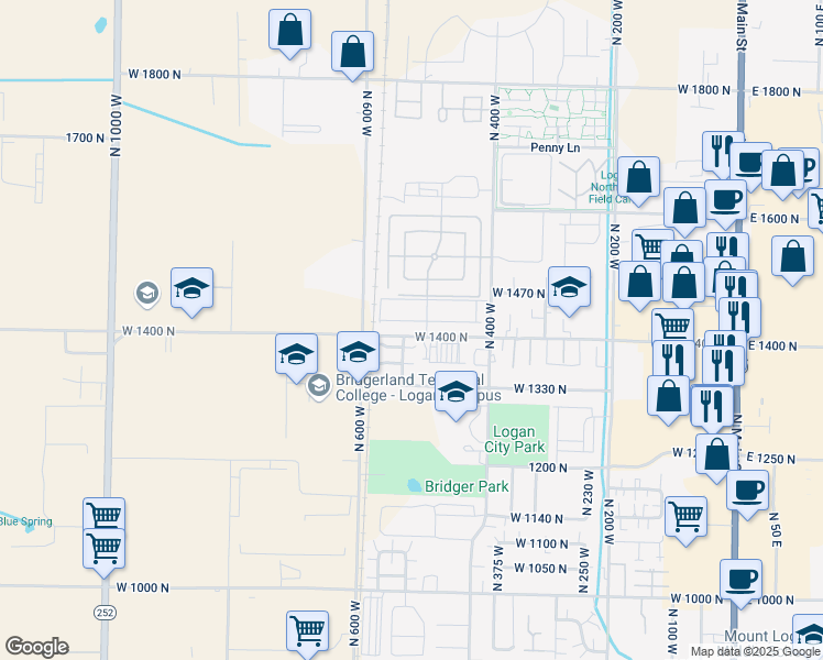 map of restaurants, bars, coffee shops, grocery stores, and more near 537 1420 North in Logan