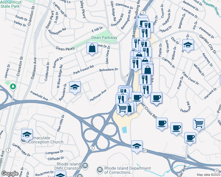 map of restaurants, bars, coffee shops, grocery stores, and more near 40 Sachem Drive in Cranston