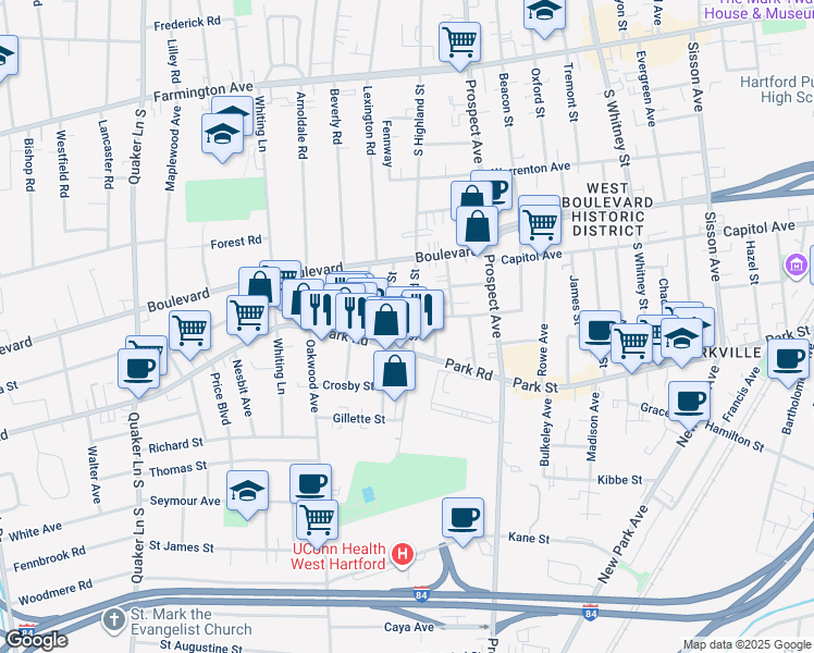 map of restaurants, bars, coffee shops, grocery stores, and more near 203 South Highland Street in West Hartford