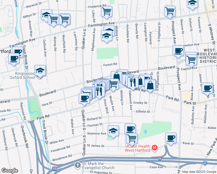 map of restaurants, bars, coffee shops, grocery stores, and more near 88 Washington Circle in West Hartford
