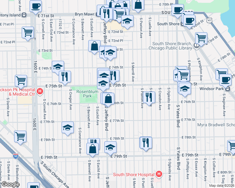 map of restaurants, bars, coffee shops, grocery stores, and more near 2041 East 75th Street in Chicago