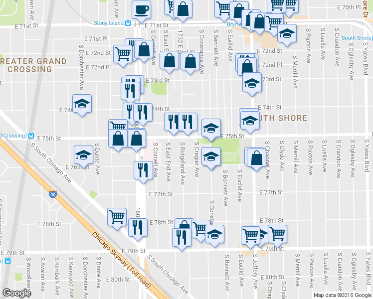 map of restaurants, bars, coffee shops, grocery stores, and more near 1735 East 75th Street in Chicago