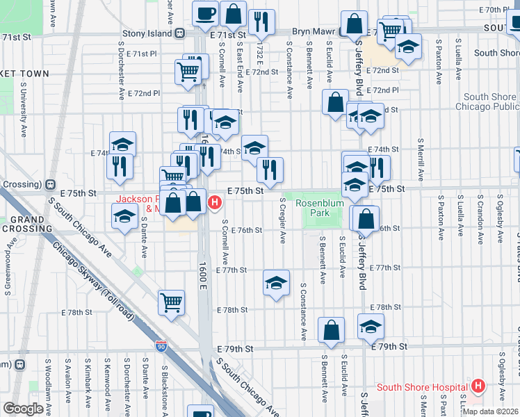 map of restaurants, bars, coffee shops, grocery stores, and more near 1735 East 75th Street in Chicago
