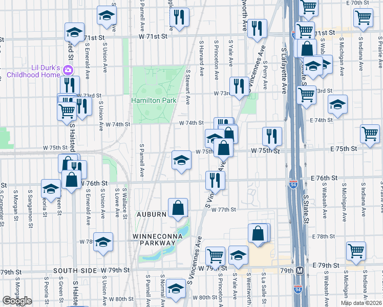 map of restaurants, bars, coffee shops, grocery stores, and more near 7450 South Stewart Avenue in Chicago