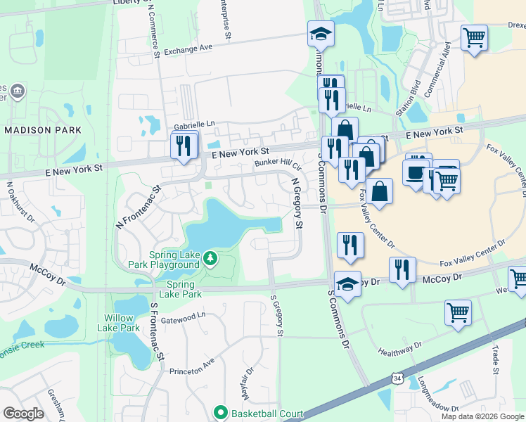 map of restaurants, bars, coffee shops, grocery stores, and more near 200 Raintree Court in Aurora
