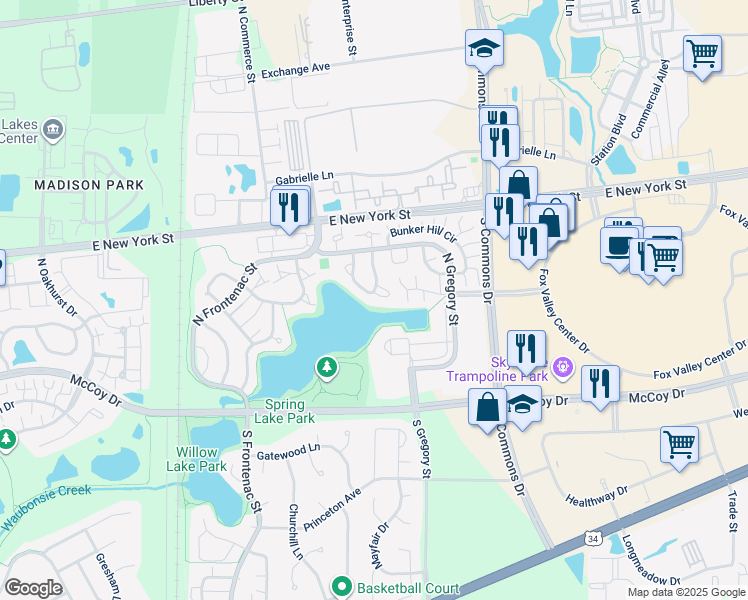 map of restaurants, bars, coffee shops, grocery stores, and more near 377 Springlake Lane in Aurora