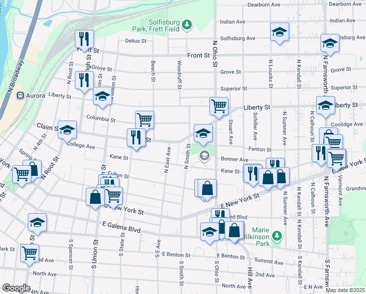map of restaurants, bars, coffee shops, grocery stores, and more near in Aurora