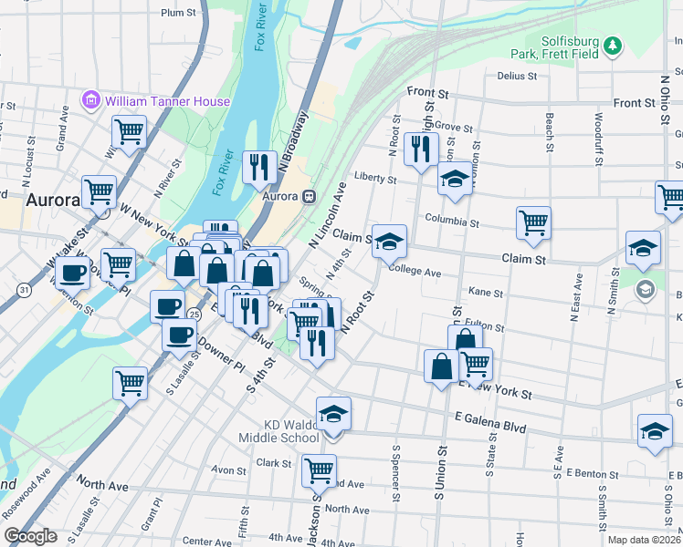 map of restaurants, bars, coffee shops, grocery stores, and more near 149 North 4th Street in Aurora