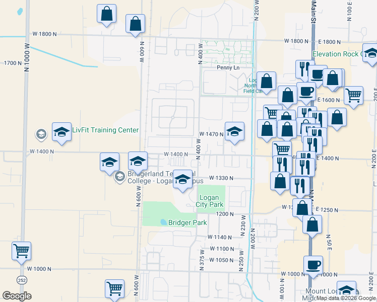 map of restaurants, bars, coffee shops, grocery stores, and more near 1433 North 400 West in Logan