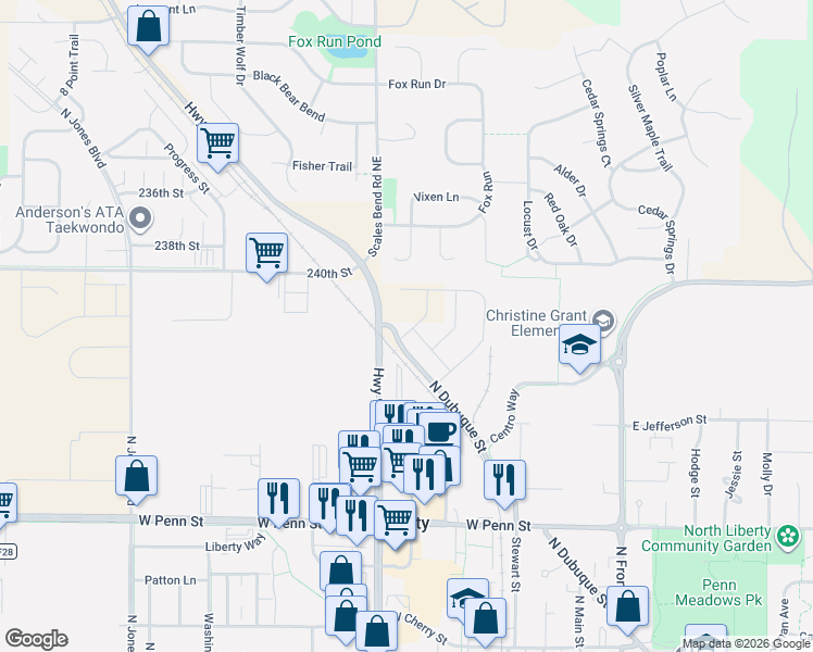 map of restaurants, bars, coffee shops, grocery stores, and more near 2398 Scales Bend Road Northeast in North Liberty
