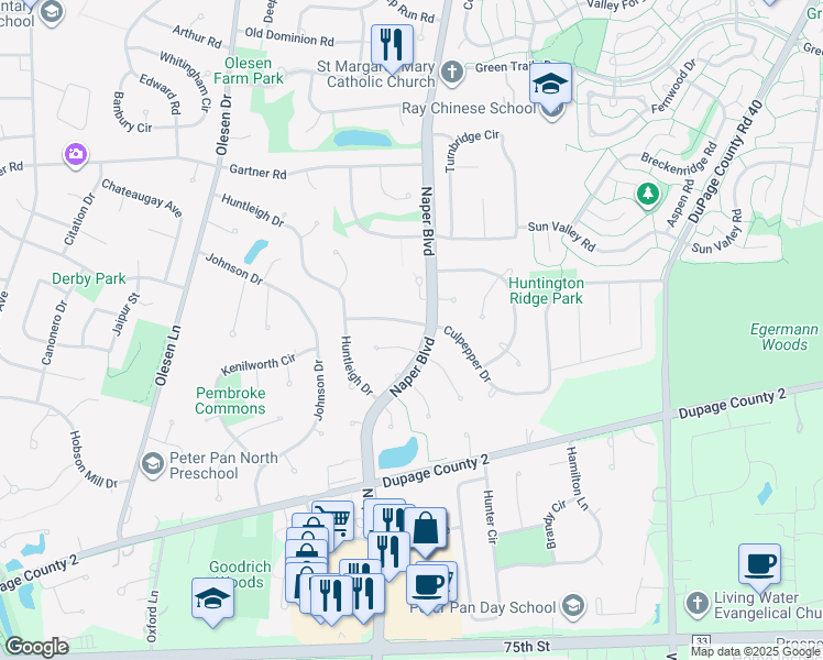 map of restaurants, bars, coffee shops, grocery stores, and more near 1321 Culpepper Drive in Naperville