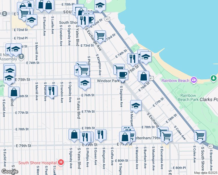 map of restaurants, bars, coffee shops, grocery stores, and more near 7526 South Colfax Avenue in Chicago