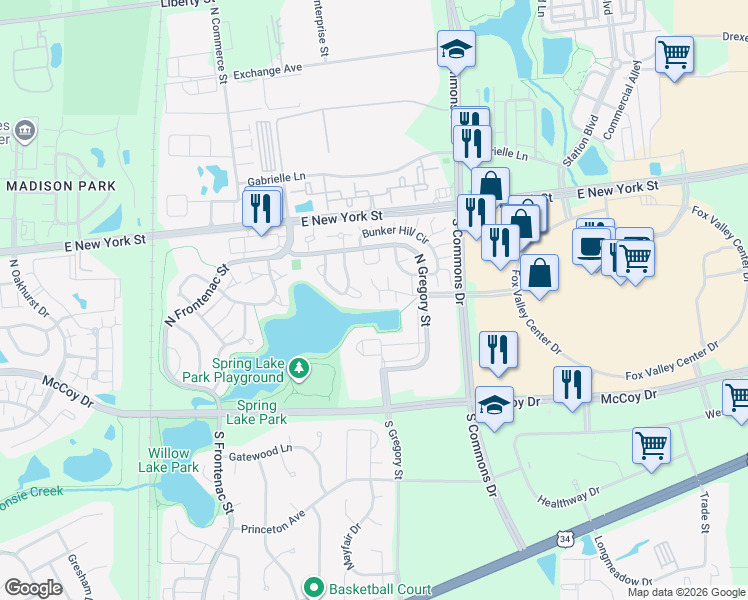 map of restaurants, bars, coffee shops, grocery stores, and more near 200 Raintree Court in Aurora