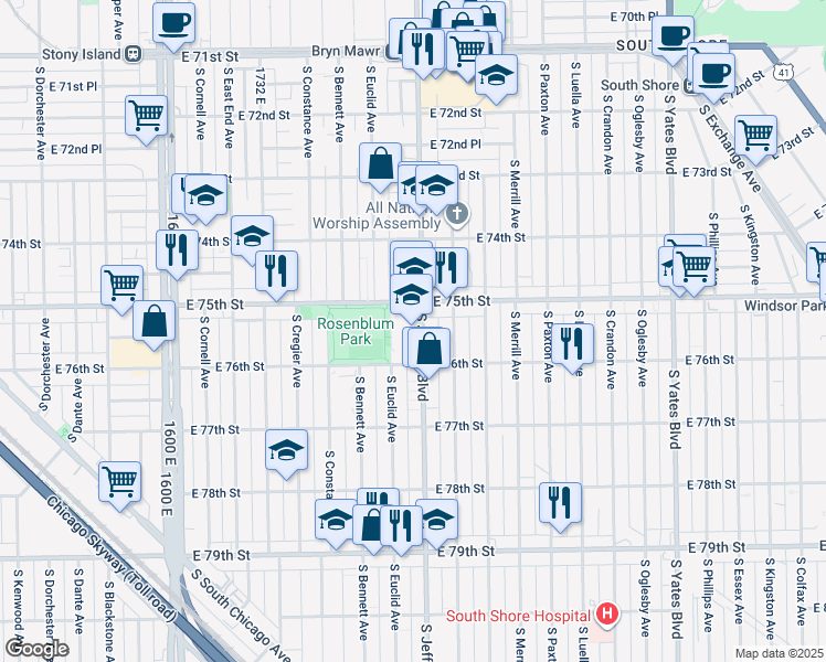 map of restaurants, bars, coffee shops, grocery stores, and more near 1955 East 75th Street in Chicago