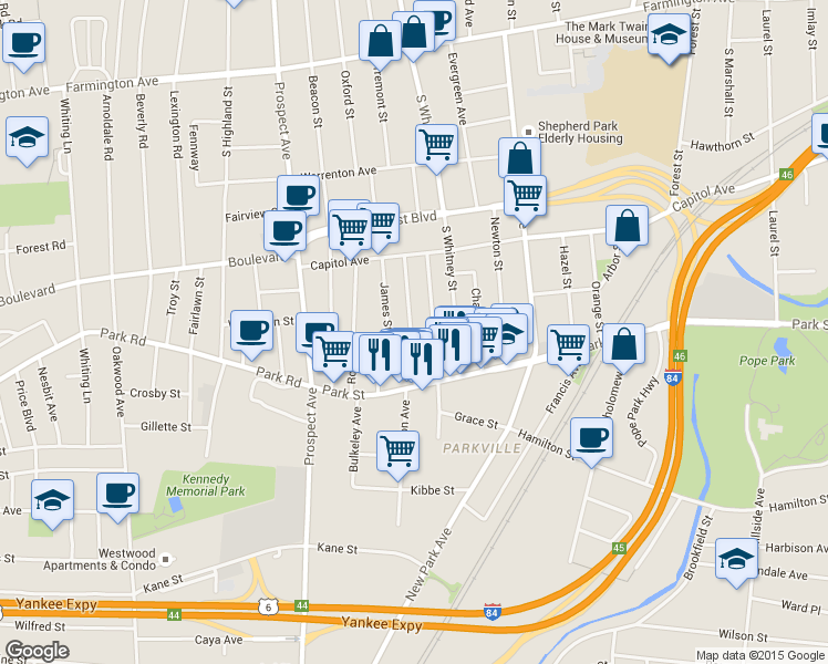 map of restaurants, bars, coffee shops, grocery stores, and more near 76 Heath Street in Hartford