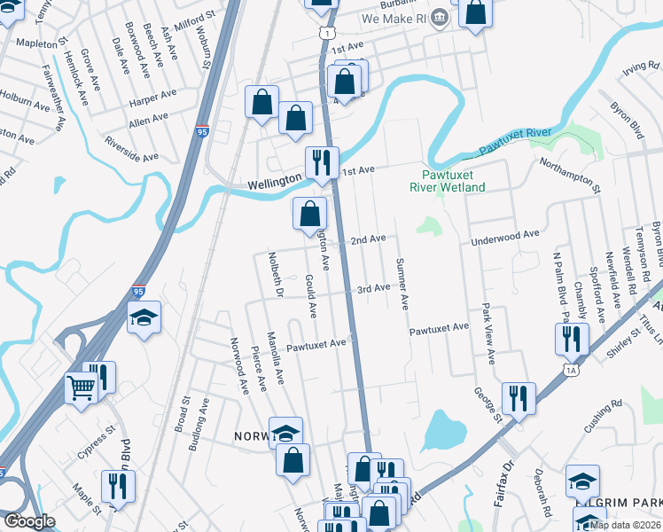 map of restaurants, bars, coffee shops, grocery stores, and more near 97 Harrington Avenue in Warwick