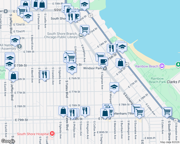 map of restaurants, bars, coffee shops, grocery stores, and more near 7533 South Kingston Avenue in Chicago