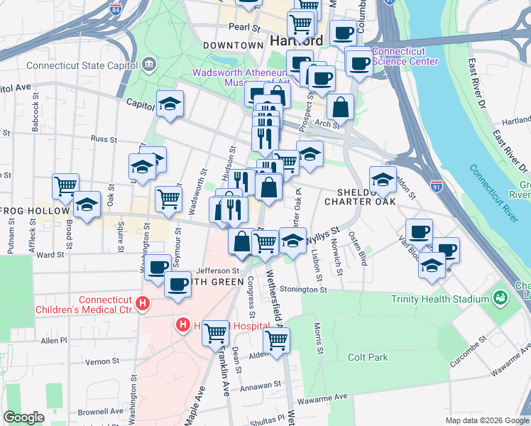 map of restaurants, bars, coffee shops, grocery stores, and more near 136 Main Street in Hartford