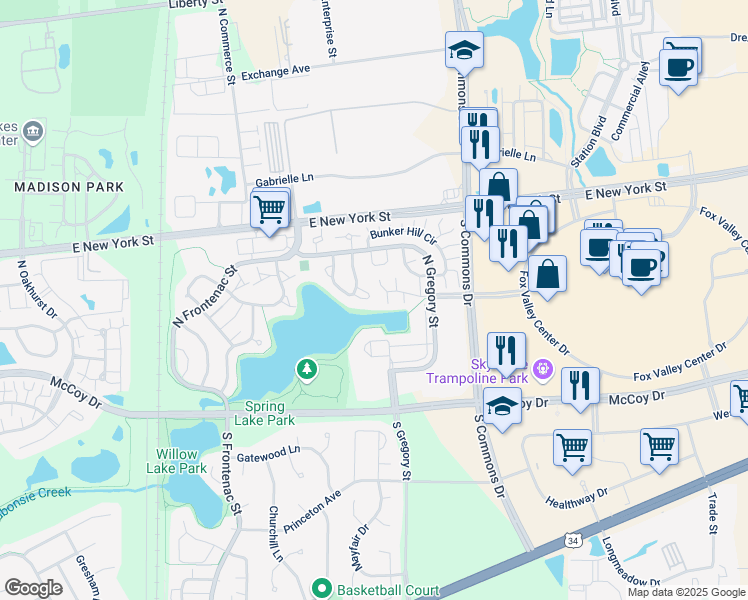 map of restaurants, bars, coffee shops, grocery stores, and more near 350 Springlake Lane in Aurora
